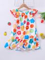 SHEIN Kids EVRYDAY Young Girls' Round Neck Tropical Fruit Print Vacation Dress For Summer