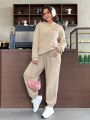 SHEIN Qutie Plus Size Letter Embroidery Hoodie And Pants Set