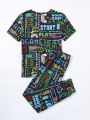 Little Boys' Letter Printed Short Sleeve Top And Shorts Home Outfit Set