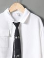 SHEIN Kids KDOMO Young Boy Flap Pocket Drop Shoulder Shirt With Necktie