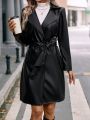 Lapel Neck Belted PU Leather Trench Coat