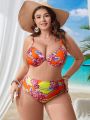 SHEIN Swim BohoFeel Plus Size Full Printed High Waisted Bikini Set With Knot Back