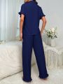 Women'S V-Neckline Short Sleeve Top And Long Pants Sleepwear Set