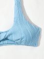 SHEIN Swim Basics Women's Textured Twist Knot Blue Bikini Top