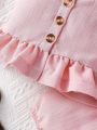 SHEIN Baby Girl Pink Woven Short Flutter Sleeve Cute Elegant Romantic Daily Casual Outfit, Spring/Summer