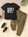 SHEIN Kids HYPEME 2pcs/Set Toddler Boys' Letter Print Short Sleeve T-Shirt And Cargo Pants