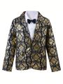 Teen Boy 1pc Gold Floral Print Blazer & 1pc Bow Shirt