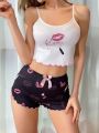 Lipstick & Lips Print Cami Top And Shorts Home Clothes