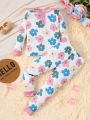 Little Girl's Floral Print Long-Sleeved Trousers And Tight Pajamas Set