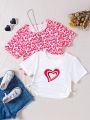 2pcs Teen Girls' Casual Heart Print T-Shirt, Suitable For Vacation, Summer