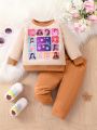 Infant Baby Girls' Princess Printed Round Neck Sweatshirt And Sweatpants Set