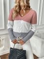 SHEIN Essnce Color Block Cable Knit Sweater