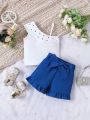 Baby Girls' Oblique-Shoulder Ruffle Top And Frill Hem Shorts Set For Summer