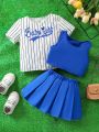 Baby Girl's Street Style, Fashionable Striped Short Sleeve Shirt, Comfortable Crop Top, Pleated Skirt Three Piece Set With Letter Printed, Summer