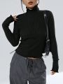 Women's Solid Color Slim Fit Ribbed Texture T-shirt
