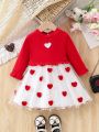 SHEIN Baby Girls' Casual Lovely Heart Applique Mesh Hem Dress For Spring And Autumn Outings