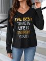 EMERY ROSE Women's V Neck Long Sleeve T-shirt With Letter Print