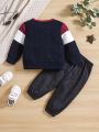 Baby Boys' Autumn & Winter Twist Flower Knitted Sweater And Denim Effect Pants Set