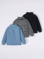 SHEIN Kids EVRYDAY Toddler Boys' Casual And Comfortable High Neck Striped Knit Sweater With Black And Blue Solid Color Tops Set