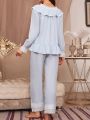 Women's Lace Patchwork Ruffle Hem Long Sleeve Sleepwear Set