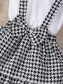 SHEIN Kids FANZEY Toddler Girls' Ladylike Style T-Shirt And Gingham Bowknot Suspenders Skirt With Hat