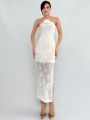 SHEIN Privé Women'S Sleeveless Maxi Dress With 3d Flower Decor, Halter Neck And Slitted Hem