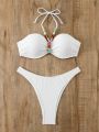 SHEIN Swim Vcay Ladies' Solid Color Halter Neck Bikini Swimsuit Set