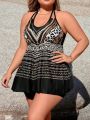 SHEIN Swim Classy Women's Plus Size Leopard Print Halter Neck Swimsuit Set