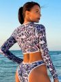 SHEIN Swim SPRTY Full Printed Long Sleeve Two Piece Swimsuit