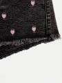 SHEIN Tween Girls' Washed Casual Fashionable Heart Embroidered Denim Shorts