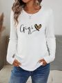 SHEIN LUNE Long-sleeve Tee With Text And Heart Print