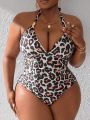 SHEIN Swim Vcay Plus Size Leopard Print Halter Neck One-Piece Swimsuit