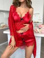 3pcs Lace Patchwork Silk-Like Pajama Set