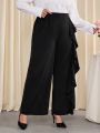 SHEIN Privé Plus Size Elegant Pants With Ruffle Pleated Edge Detail