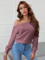 SHEIN Essnce Asymmetrical Neck Drop Shoulder Rib-knit Pullover