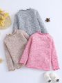 SHEIN Kids QTFun 3pcs Young Girl Marled Knit Lettuce Trim Mock Neck Tee