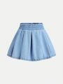 SHEIN Girls' (Little) Cute Pleated Denim Skirt, Washed, Casual And Fashionable