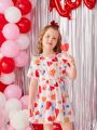 SHEIN Kids QTFun Little Girls' Heart Print Patchwork Ruffle Hem Short Sleeve Dress