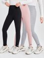 SHEIN Teenage Girls' 3pcs Knitted Textured Letter Print Leggings With Tagless Label