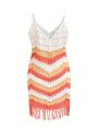 SHEIN CURVE+ Plus Chevron Pattern Fringe Hem Pointelle Knit Cami Dress