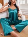 Solid Color Lace Trim Camisole Top And Pants Women's Pajama Set