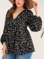 SHEIN VCAY Plus Size Lantern Sleeve Shirt With Small Floral Print