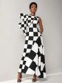 ISELACOS Asymmetric One Shoulder Loop Sleeve Checkers Dress