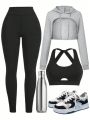 Solid Super Crop Hoodie & Leggings & Sports Bra