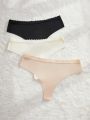 Women'S Knitted Patchwork Lace Trim Thong Panties Set With Three Pieces, For Everyday Wear