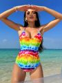 SHEIN Swim Vcay Ladies' Rainbow Color One-piece Swimwear