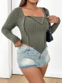 Plus Size Single Color Ribbed Knitted Button Detail T-Shirt