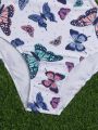 Girls' One Piece Butterfly Printed Swimsuit With Hollow Out Waist & Lotus Edge Neckline