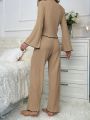 Women's Contrast Color Lettuce Edge Long Sleeve & Long Pants Pajama Set