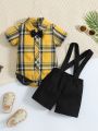 Baby Boy Plaid Print Bow Front Shirt Bodysuit & Suspender Shorts